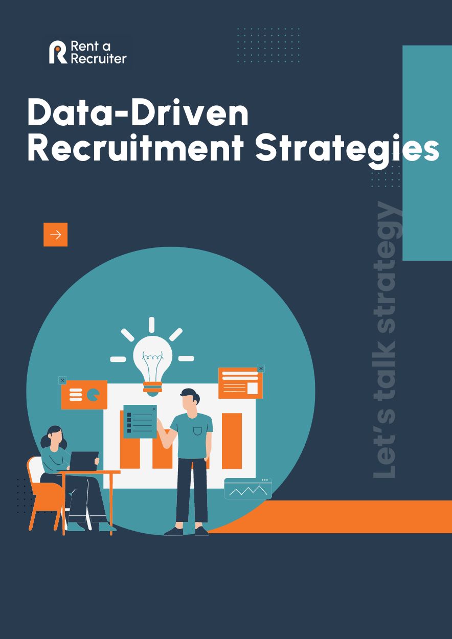 Report Cover. Dark Background with White Text Title: Data Driven Recruitment Strategies. Image Shows a Graphic of Two people, one person sitting, one standing Infront of a chart with white lightbulb overhead. 